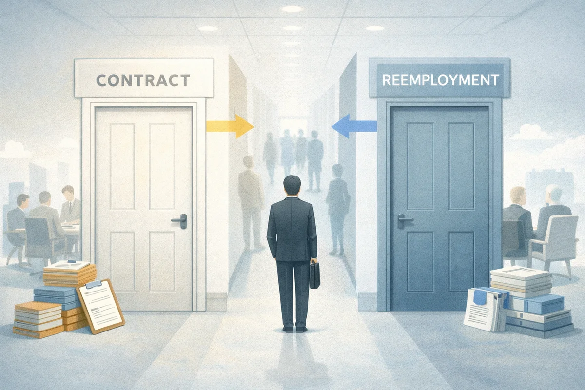 白くぼやけた通路の奥に人影が重なり、契約社員と嘱託社員の立場や待遇の見えにくさを示す横長イラスト