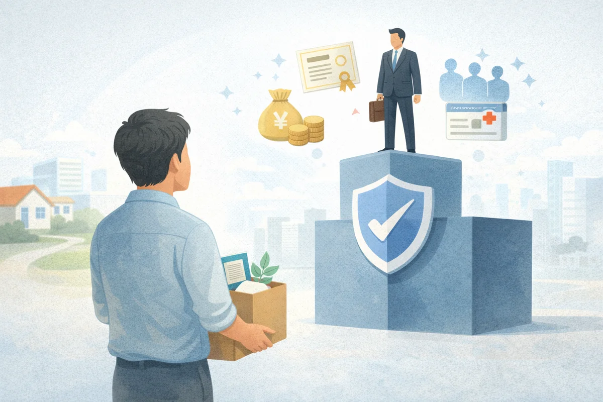箱を持つ人物の先に、少し高い台へ立つ人物と周囲の保障要素が浮かび、正社員の安定感を示す横長イラスト