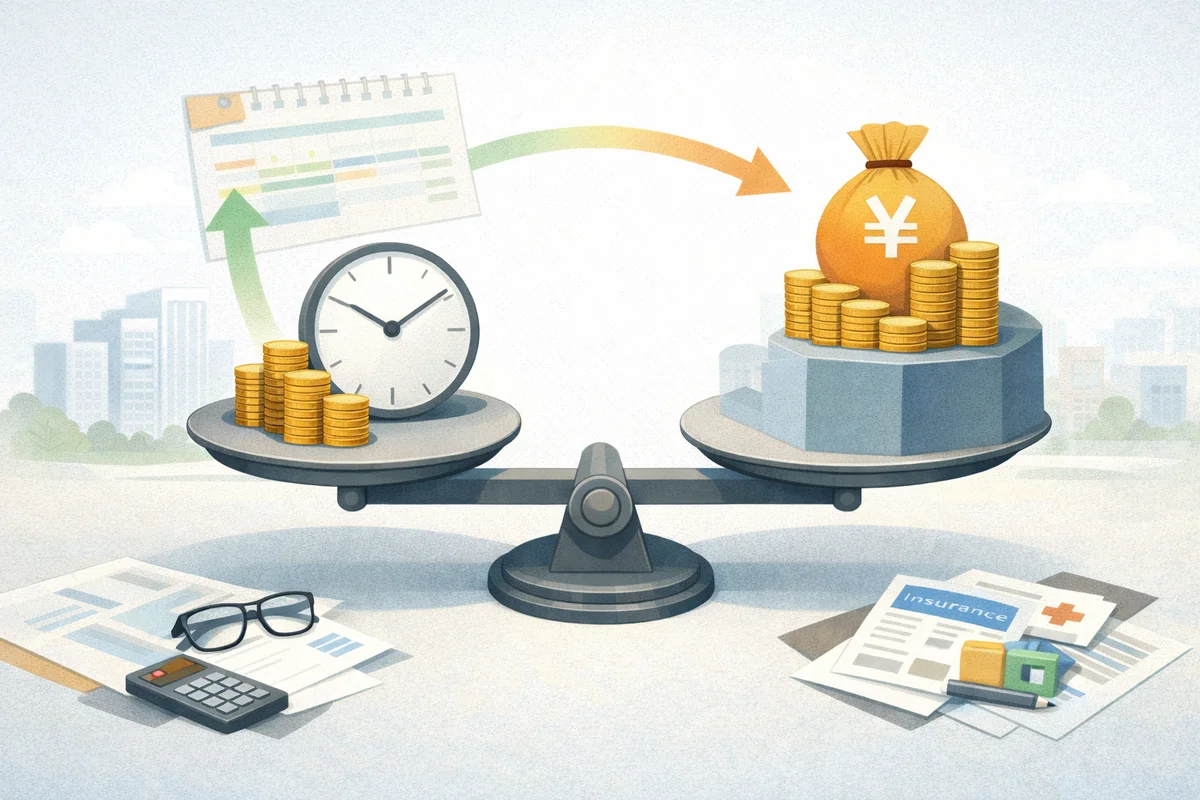 時計と硬貨、賞与袋を載せた天秤が中央に置かれ、派遣の時給とボーナスの損得感を比べる横長イラスト