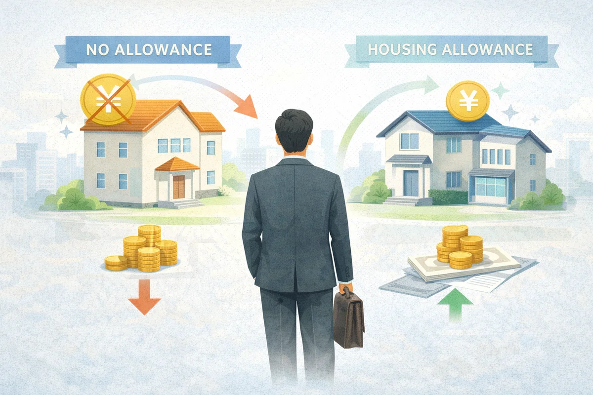 中央の人物を挟んで住宅手当のある家とない家が左右に置かれ、契約社員の待遇差を比べる横長イラスト