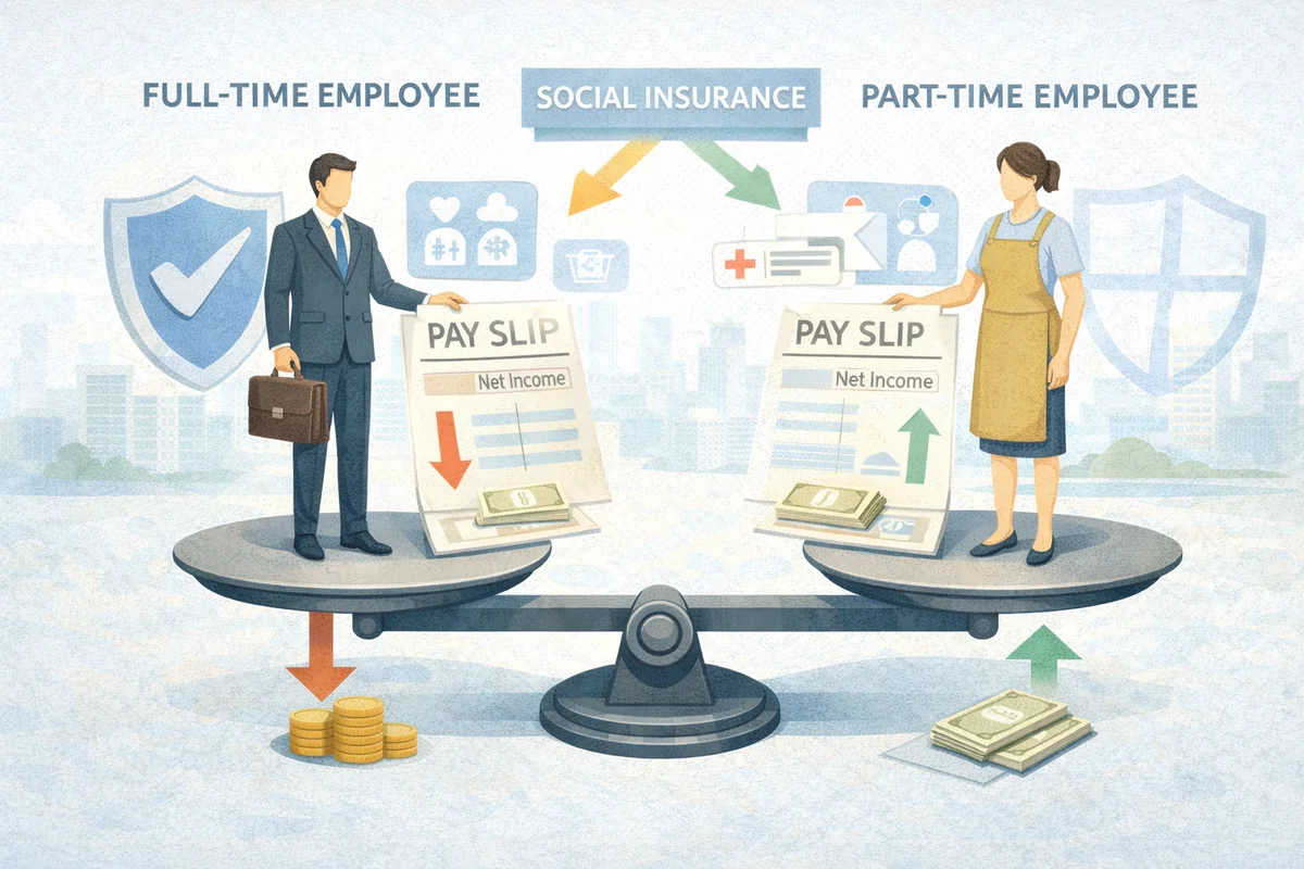 天秤の左右に正社員とパートが立ち、社会保険負担と手取り感の違いを比較する横長イラスト