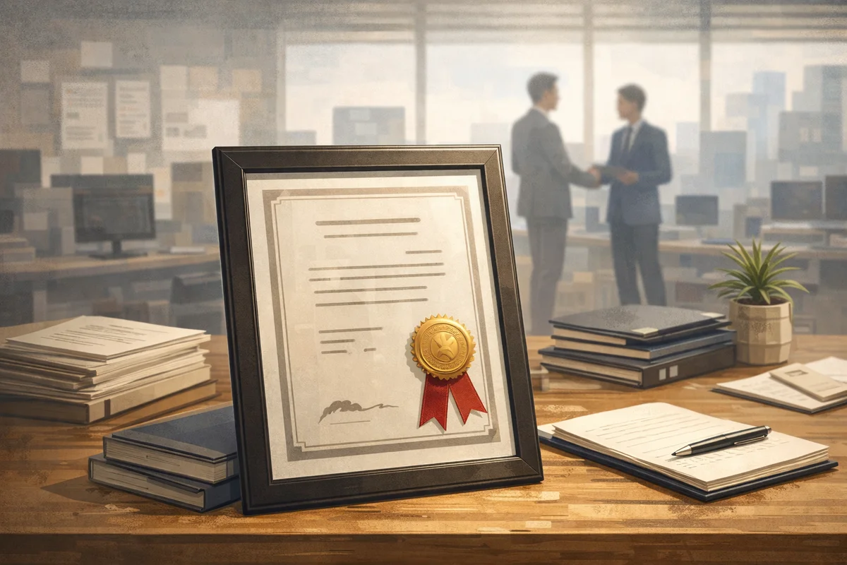 机上の額入り証明書を主役に、書類と筆記具が広がり、奥に人物がぼけて見えるオフィスのイラスト