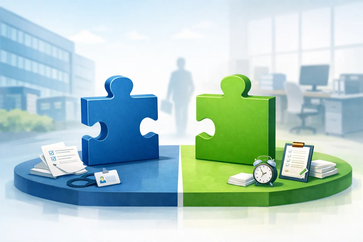 オフィス奥の人物を背に、形の異なる二つのピースと書類が並び、雇用名称と制度差を静かに示す空間