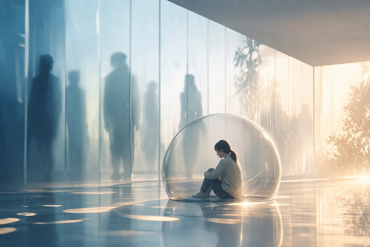 奥へ抜ける静かな通路の手前に、距離を置いて置かれた一つの警告灯がある、自衛と緊張感を映す場面