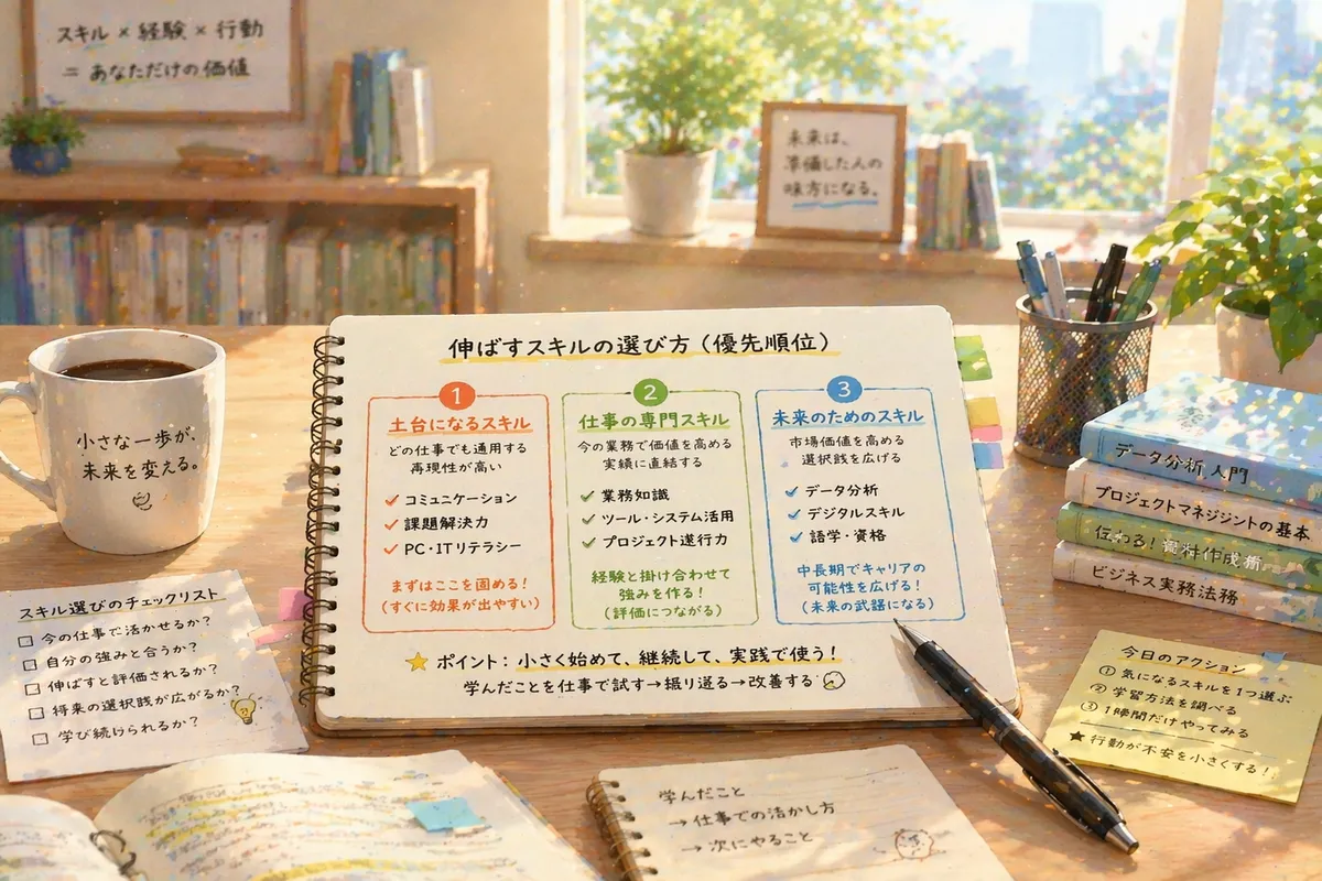 開いたノートを主役に、手前の机上から奥の窓辺へ光が抜ける明るい作業空間のイラスト