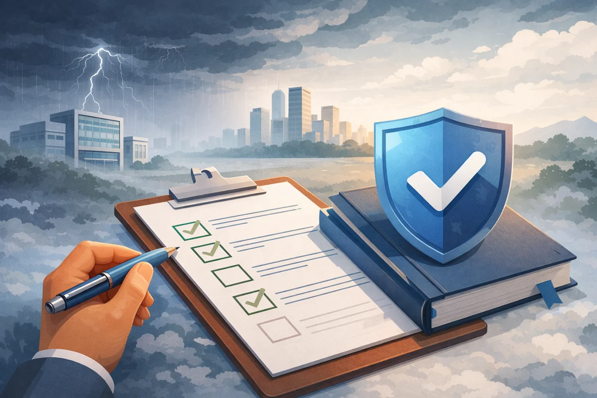 薄い光の差す広い通路の先に小さな扉が見え、手前に整えられた書類が置かれた静かな室内風景