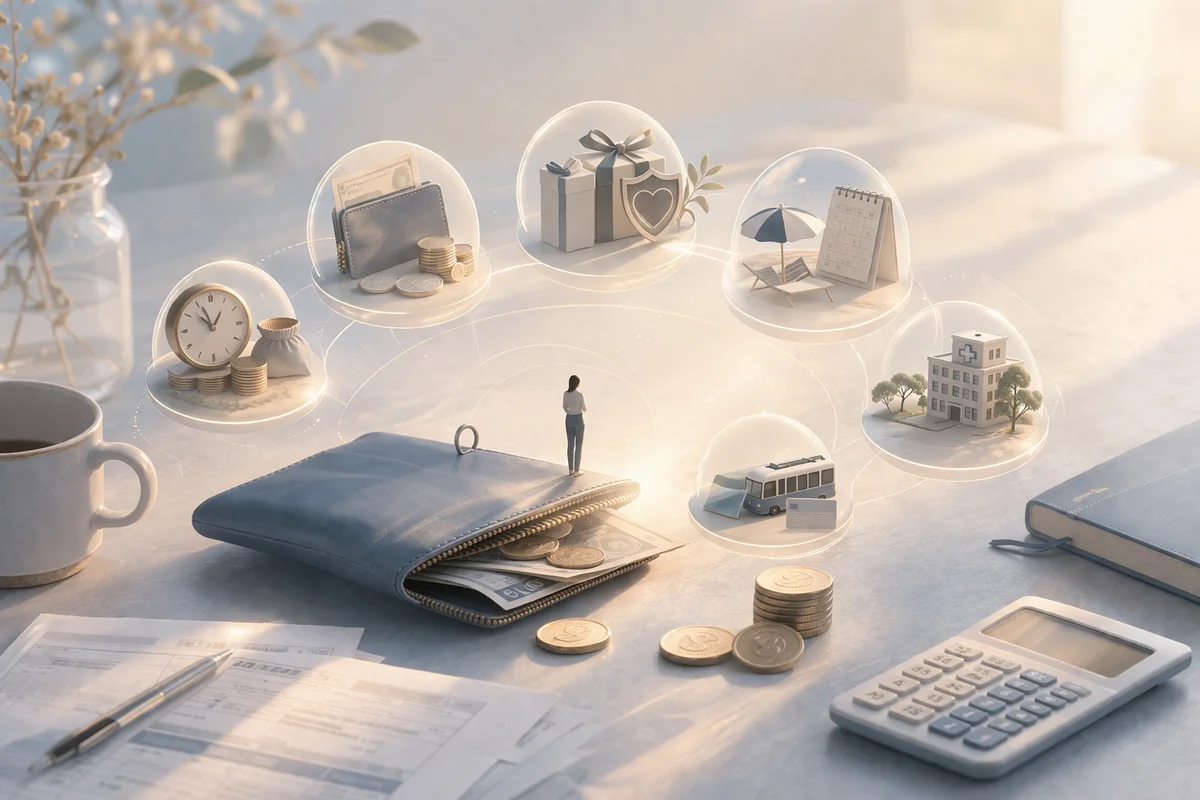 財布を中心に、時給・手当・福利厚生・休暇を示す要素が円状に配置された整理感のある空間