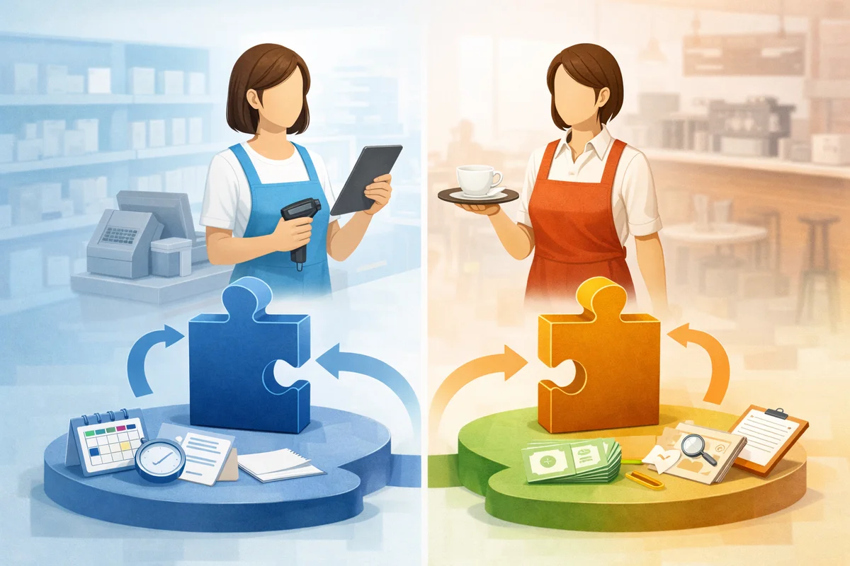 売り場とカフェの空間が左右に分かれ、異なる業務配置と実務上の呼び分けを示す二つの就業場面