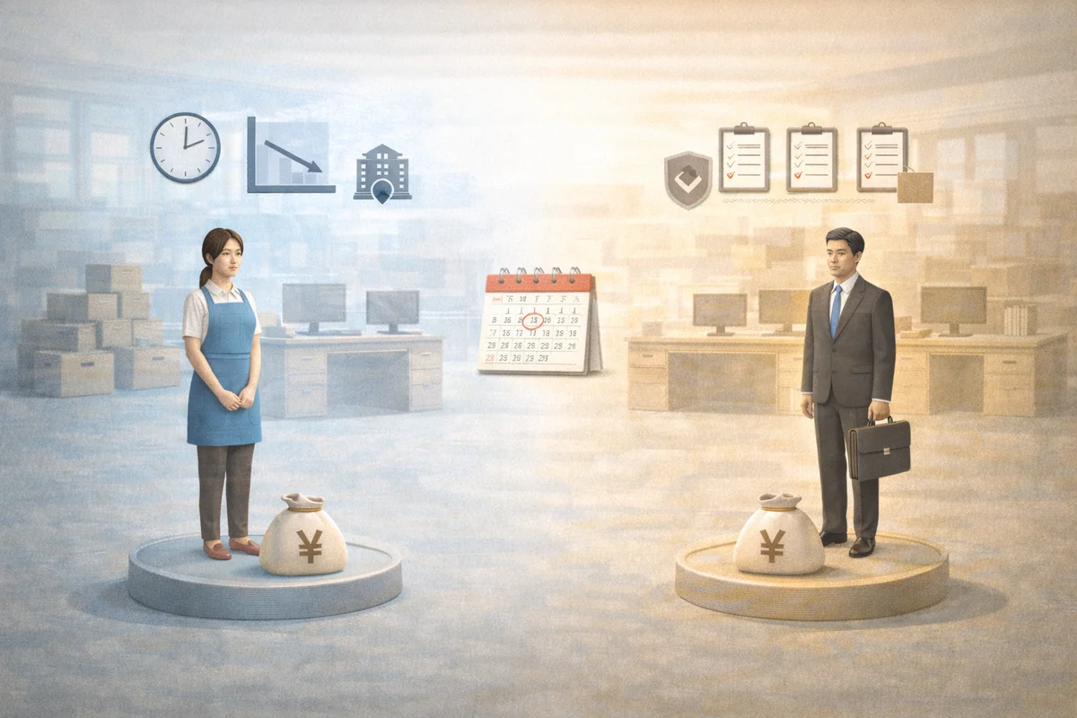 勤務時間や保険、更新条件の違いを、奥行きある職場空間で表したイラスト