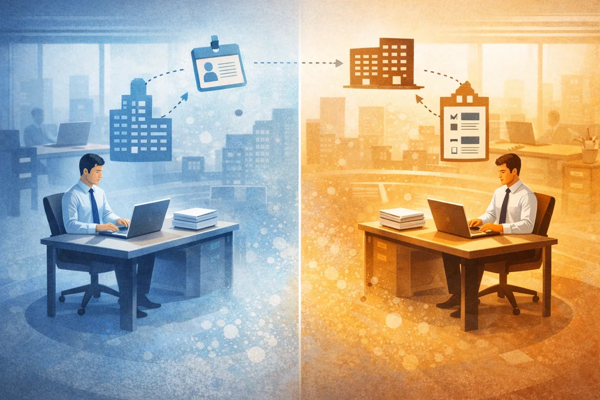 同じ職場空間に重なる配置が、派遣と出向の仕組みの違いをほのかに示す画像