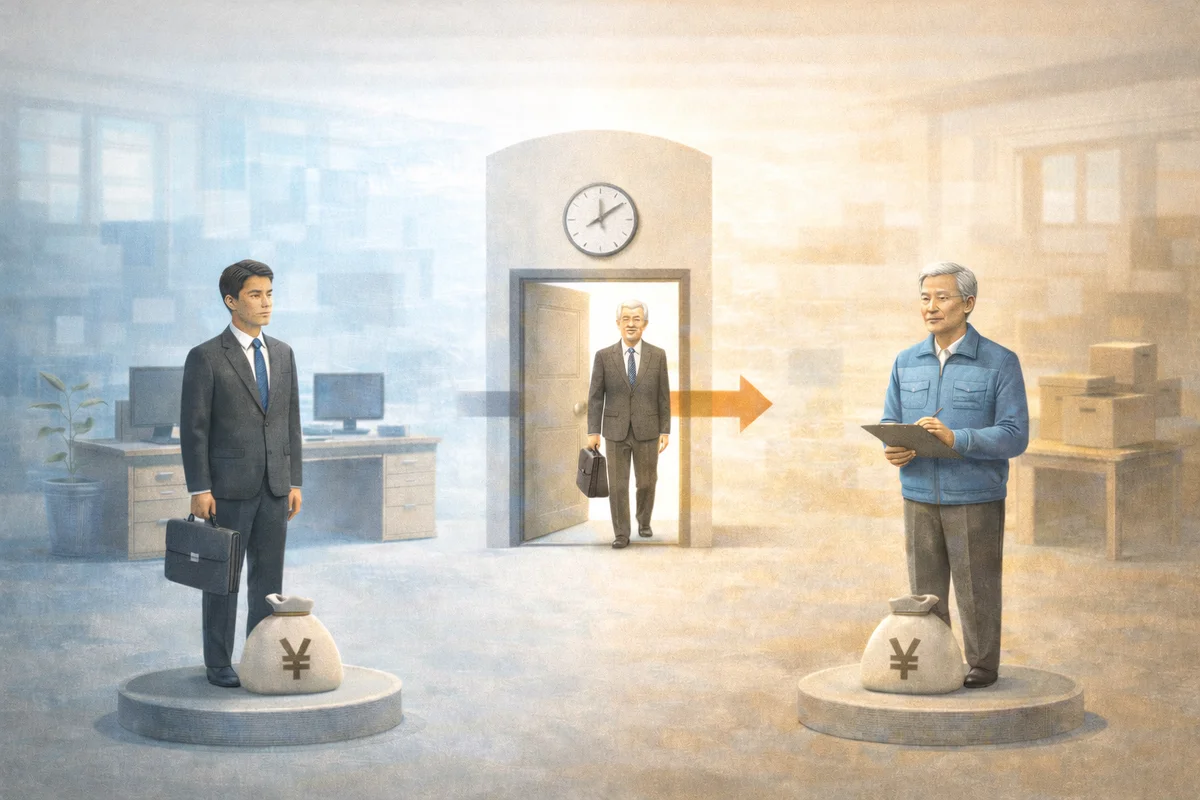 定年後の働き方が変わる過程を、奥行きある職場空間で表したイラスト