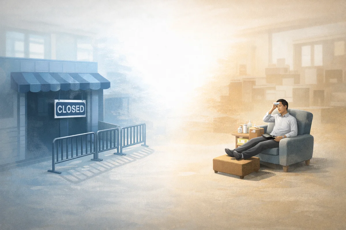休業と休職で異なる制度の距離感を、奥行きある静かな職場空間で表したイラスト