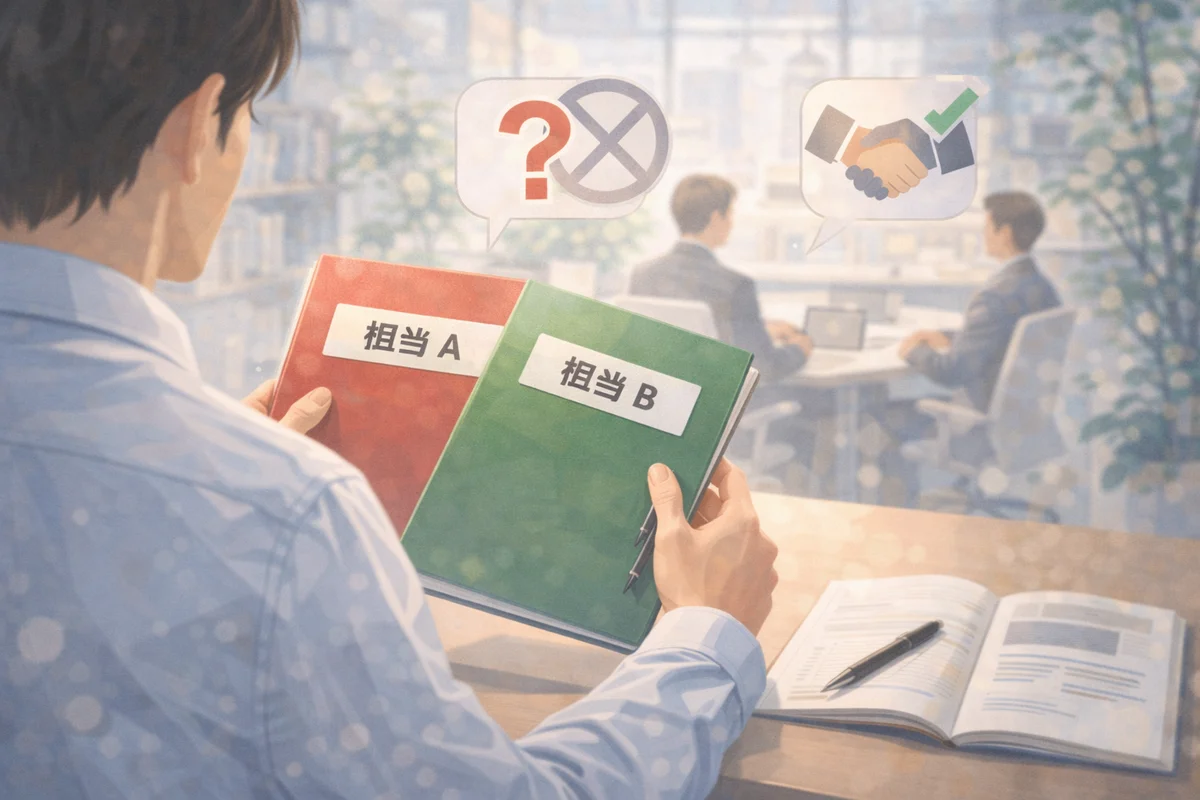 会議室で二つの書類を抱える人物の先に対話がぼけて広がる、役割調整を思わせる奥行きある場面