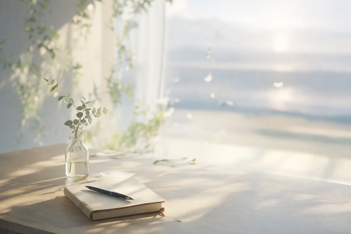 木の机に置かれたノートとペンを手前に、窓光と緑が奥へやわらかく続く静かな室内空間