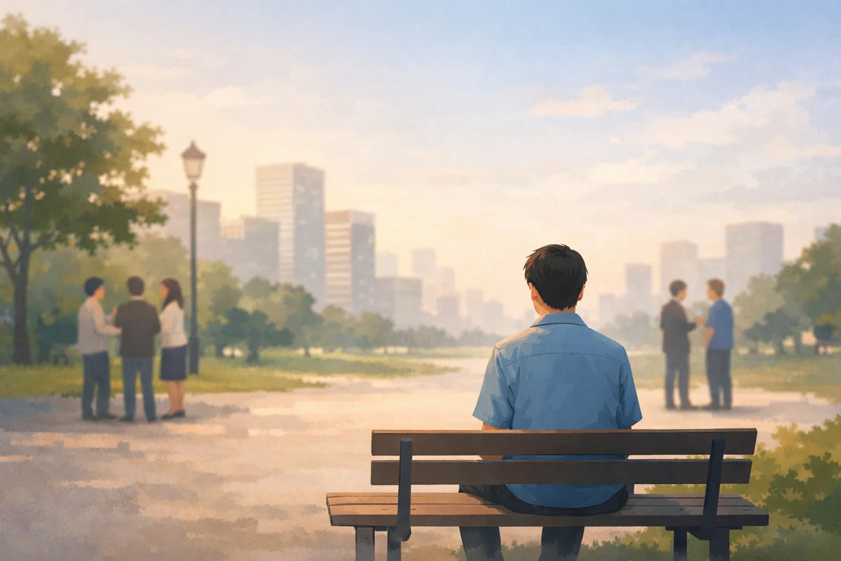 やわらかな光の公園でベンチに座る人物を中心に、遠くに人影が散る奥行きある静かな場面