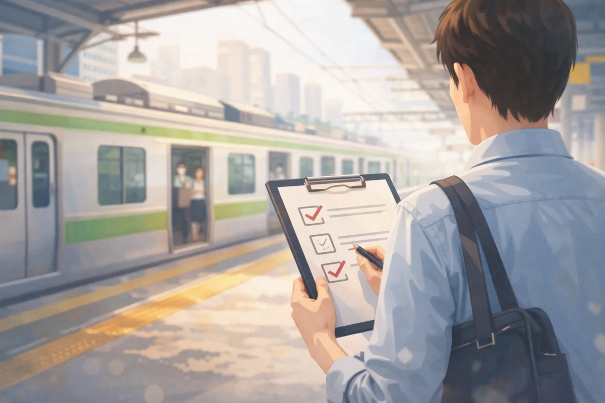 駅ホームで書類を手に立つ人物の先へ電車が続き、通勤距離の広がりを感じる奥行きある場面