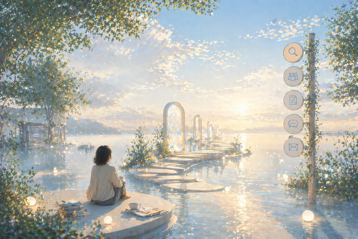 水辺の丸い足場に座る小さな人物の先で、石の道と光る門が奥へ静かに続くイラスト