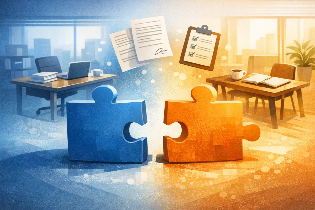 契約の接続部を示すパズル片が、働き方の呼び名と実態の違いをほのかに表す画像