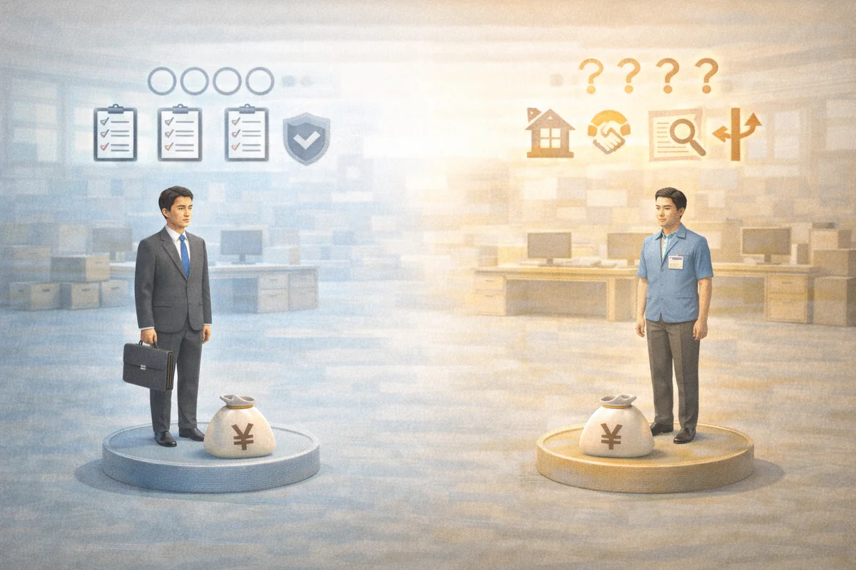 契約社員と準社員の違いを、会社ごとに異なる制度の配置で表したイラスト