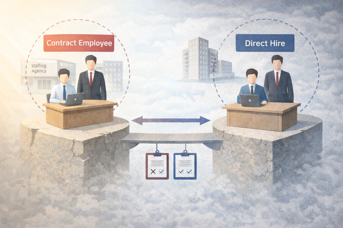 契約社員から直接雇用への切り替えを、橋でつながる二つの職場空間で示す構図