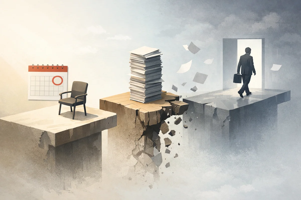 契約満了と解雇の違いを、離れた足場と残された椅子で示す構図