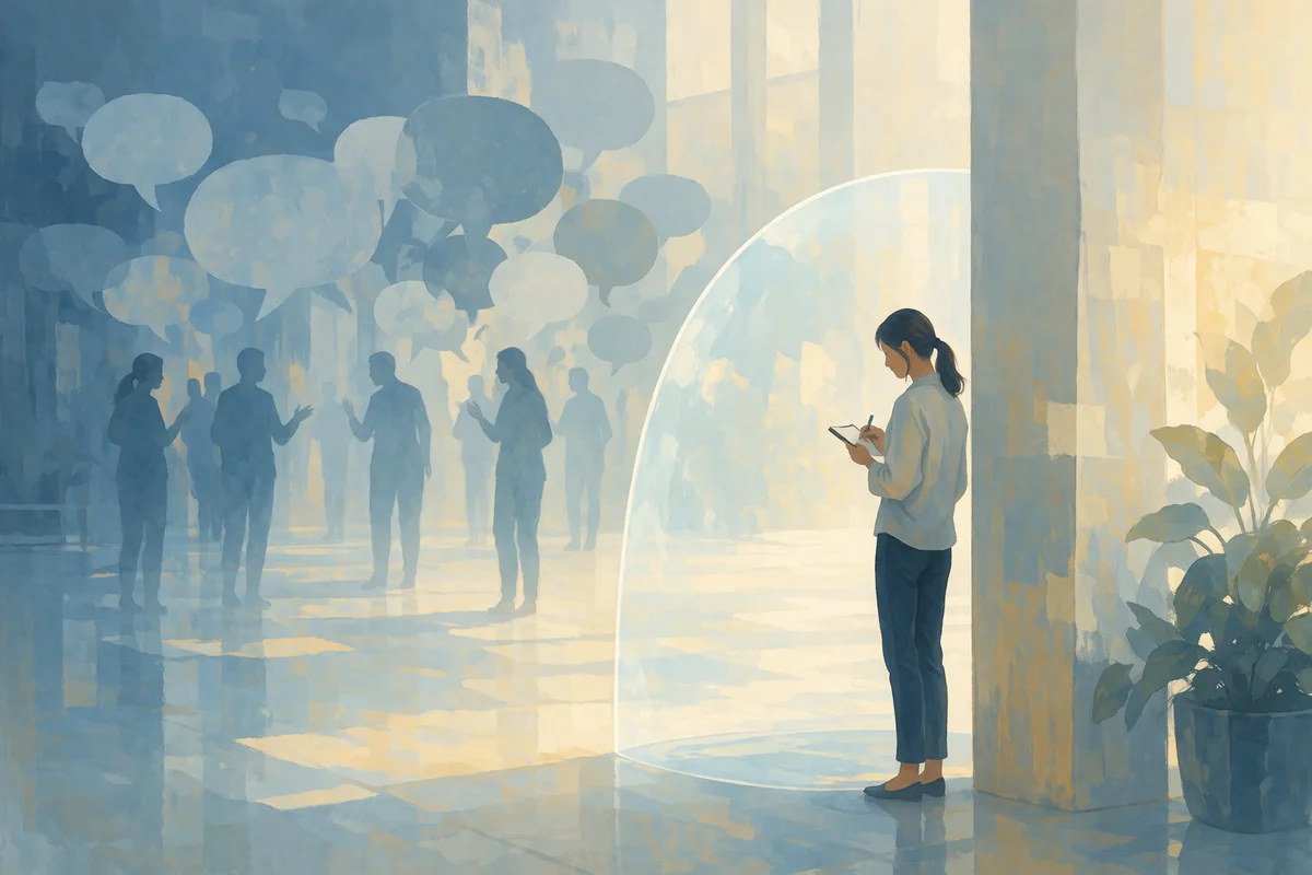 長く続く職場の通路脇に擦れたパネルが並び、言葉の圧から少し距離を取る静かな奥行きのある空間