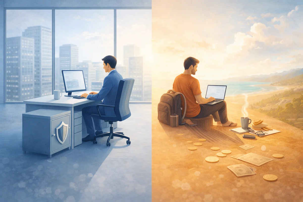 都会の執務席と海辺の作業場が一続きに広がり、保障と自由の距離感を静かに映すイラスト