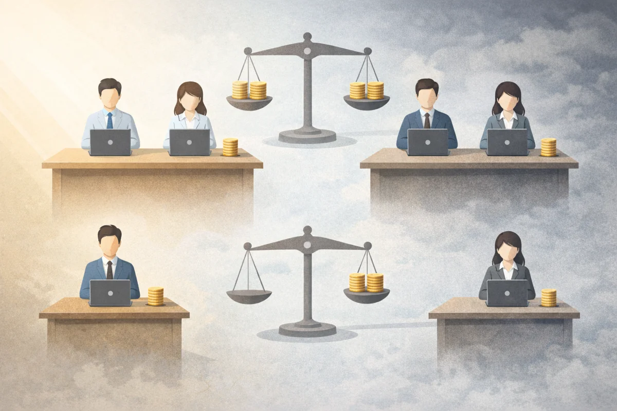 待遇差の考え方を、釣り合いを探す秤と離れた机で示す構図
