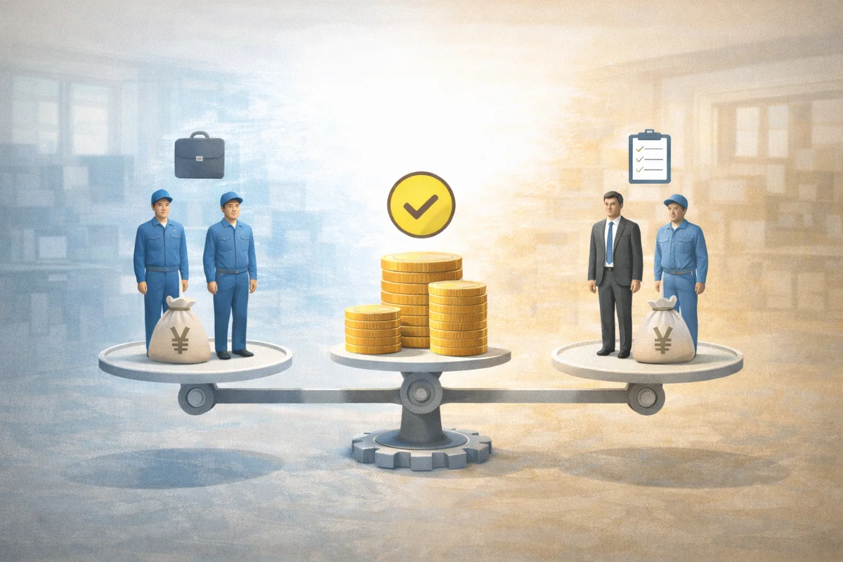 待遇差を確認する視点を、均衡した台座と報酬の配置で表したイラスト