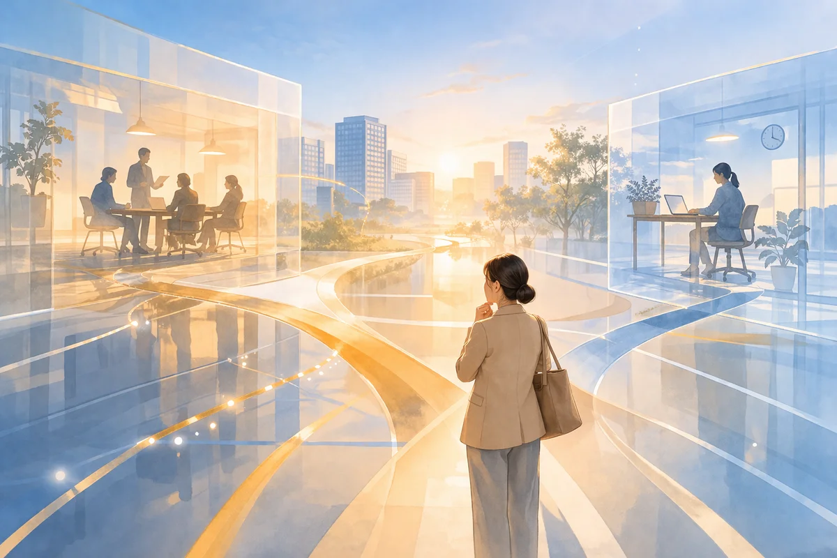 一つの業務空間で席の配置と奥行きの差が、指揮命令と働き方の違いを静かににじませる横長イラスト