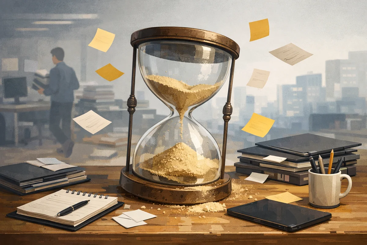 机上の大きな砂時計を中心に、書類や端末が奥へ広がる静かなオフィス空間のイラスト