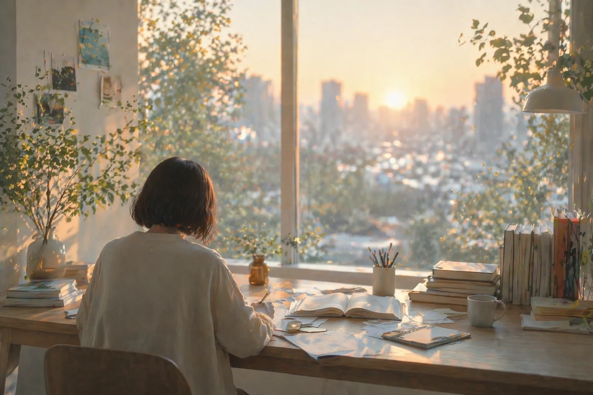 大きな窓辺の机で静かに学ぶ後ろ姿と、夕光の先に街並みがやわらかく奥へ広がる室内風景