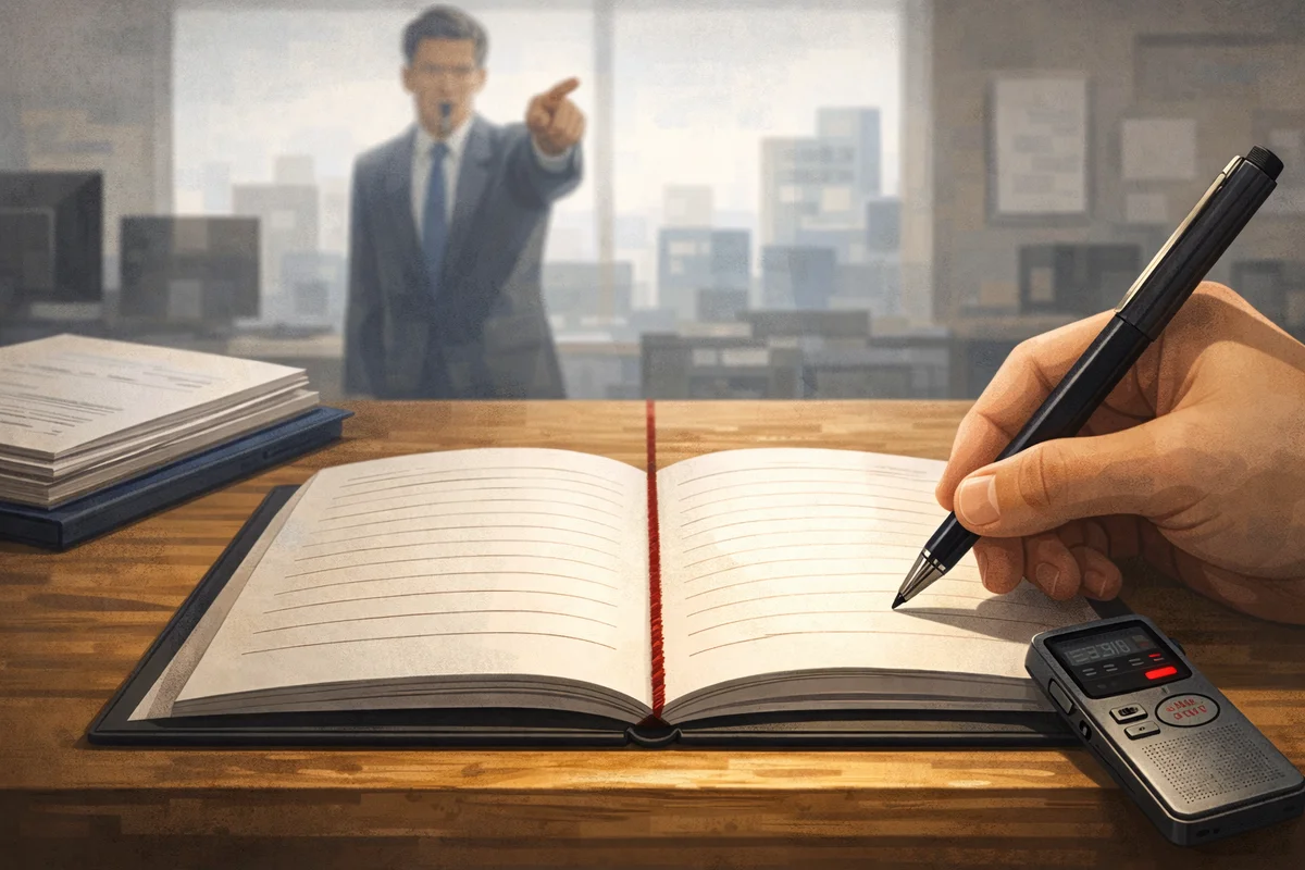 机上の開いたノートと録音機を手前に、奥で人物がぼけて佇むオフィスのイラスト