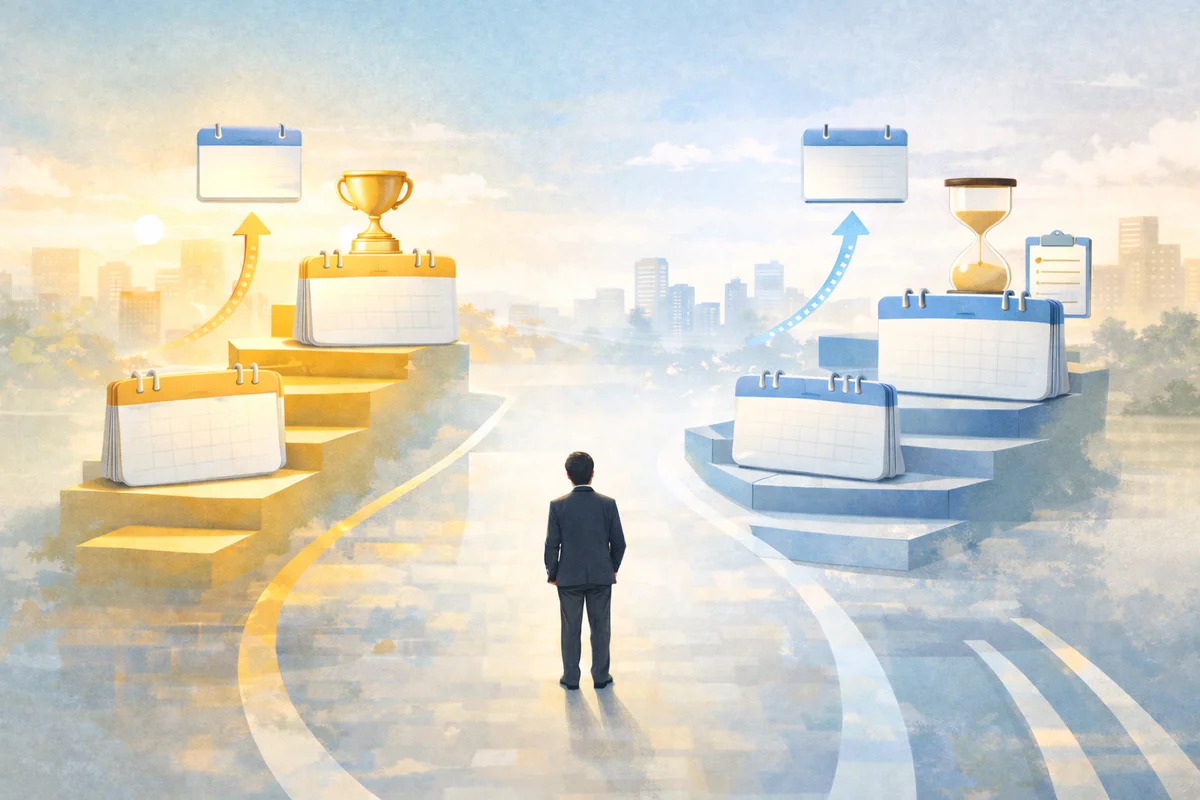 時間の異なる二つの段状台座と中央の通路が、雇用期間と更新判断の違いをにじませる横長イラスト