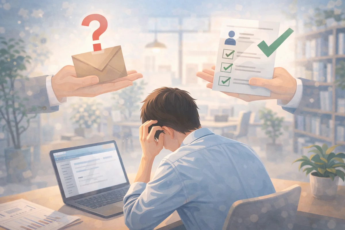 机に向かう人物の背後に判断を示す書類が浮かび、不安と選択の間に揺れる奥行きある場面