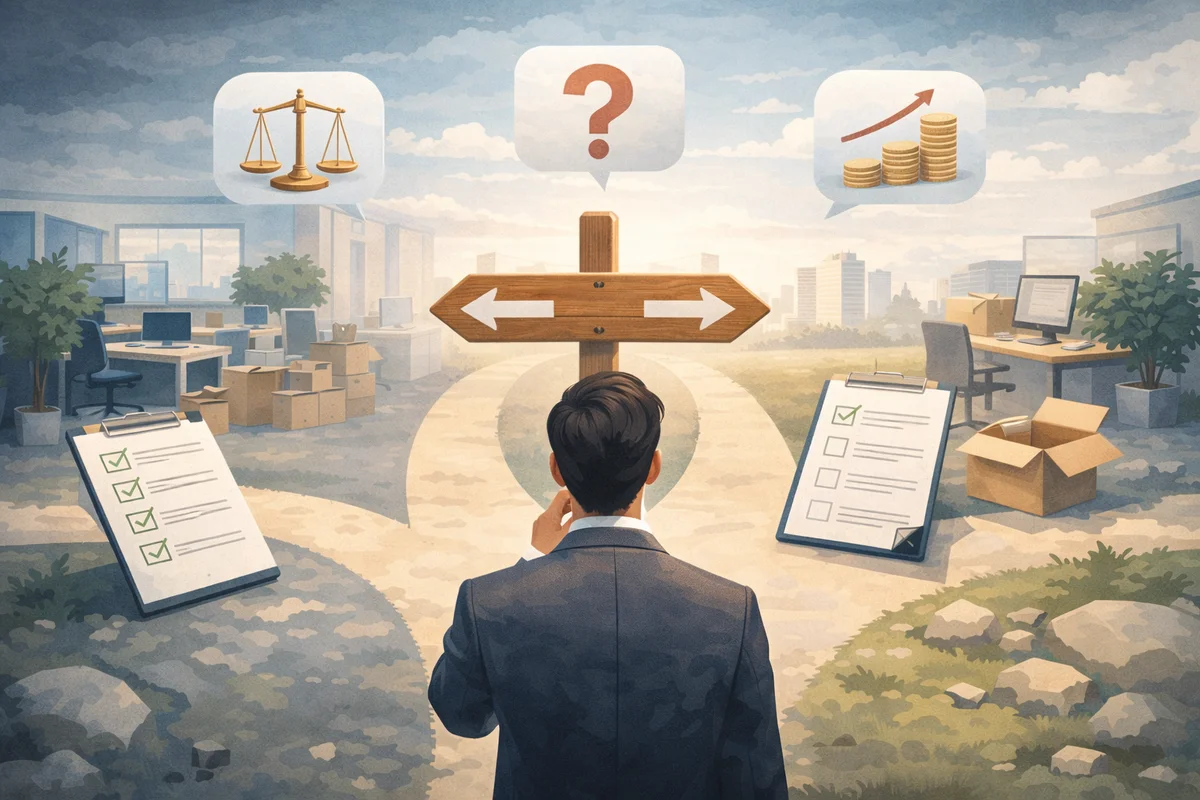 広い通路の途中に小さな人物が立ち、奥へ続く空間の中で進むか迷う静かな職場風景