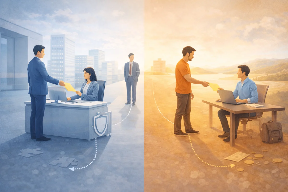 一つの執務空間で受け渡しの位置と距離が奥へ続き、契約先と責任範囲の違いをにじませるイラスト