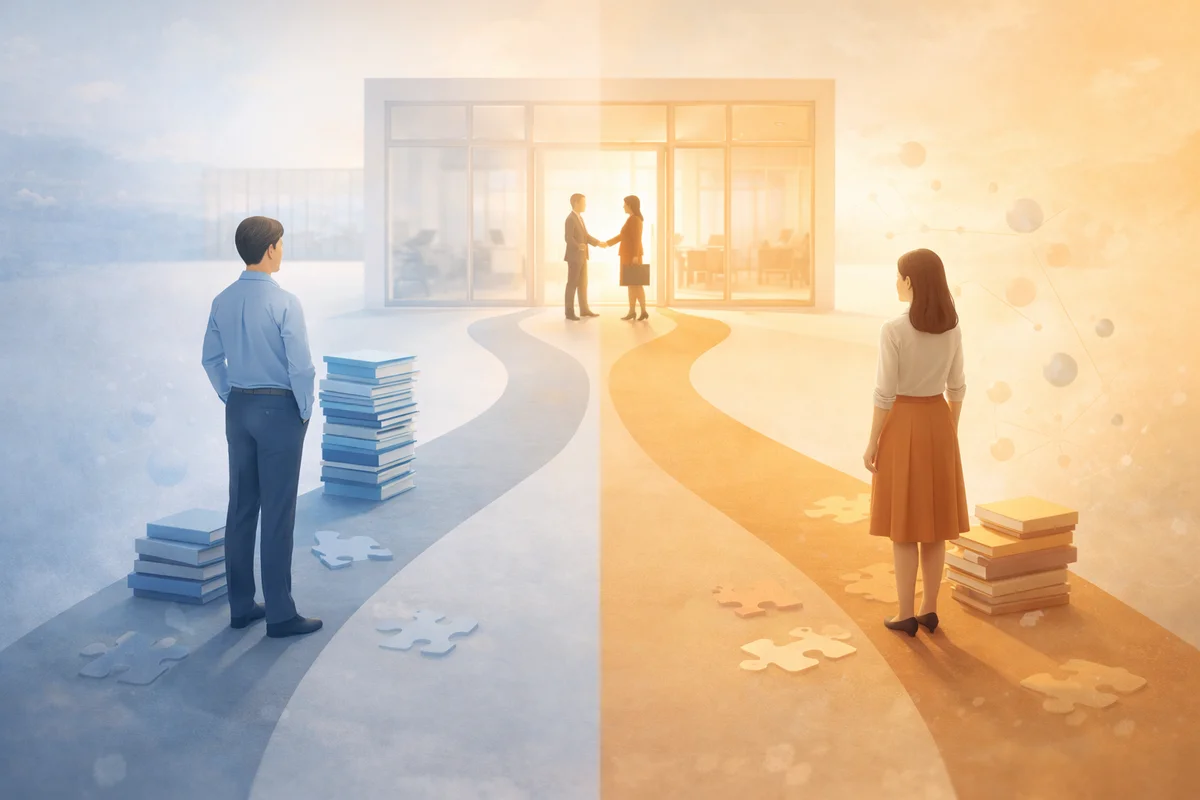 奥のガラス面談室へ続く一本の通路と手前の待機空間が、紹介予定派遣への移行前を示すイラスト