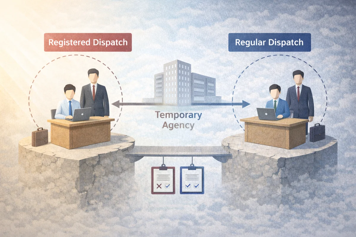 登録型派遣と常用型派遣の関係を、派遣会社につながる二つの勤務空間で示す構図