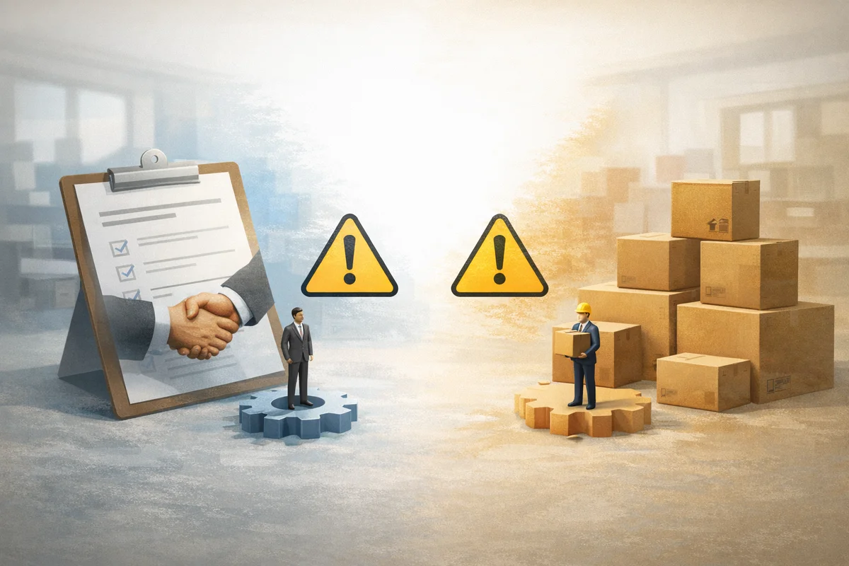 指揮命令と業務の受け渡しが曖昧になる場面を、奥行きある作業空間で表したイラスト