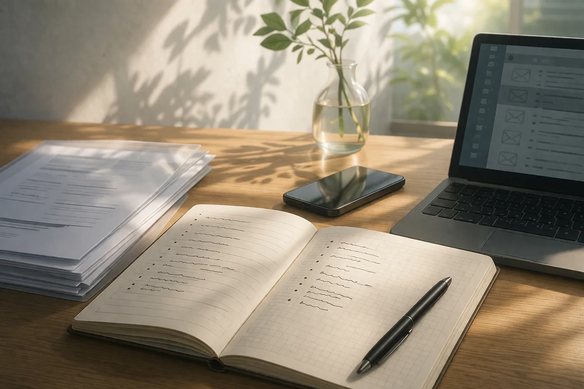 ノートと書類、メール画面のPCが並ぶ机上に、記録を整理する静かな奥行きのある空間