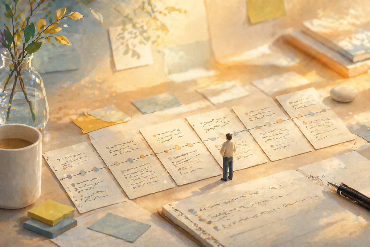 奥へ向かって順に並ぶ記録カードと余白の広い机上、相談前に時系列を整理する静かな流れを示す構図