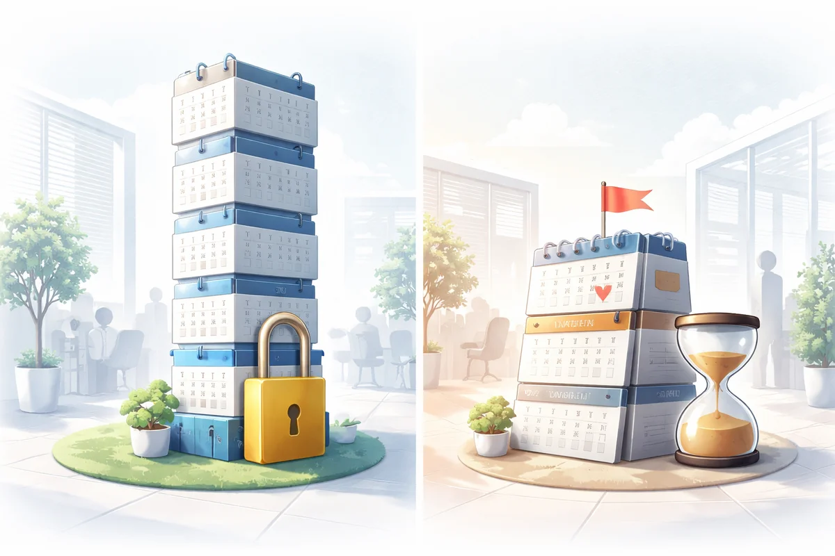 明るいオフィス空間で、高く積まれた暦塔と砂時計が奥へ抜け、雇用期間の違いを示すイラスト