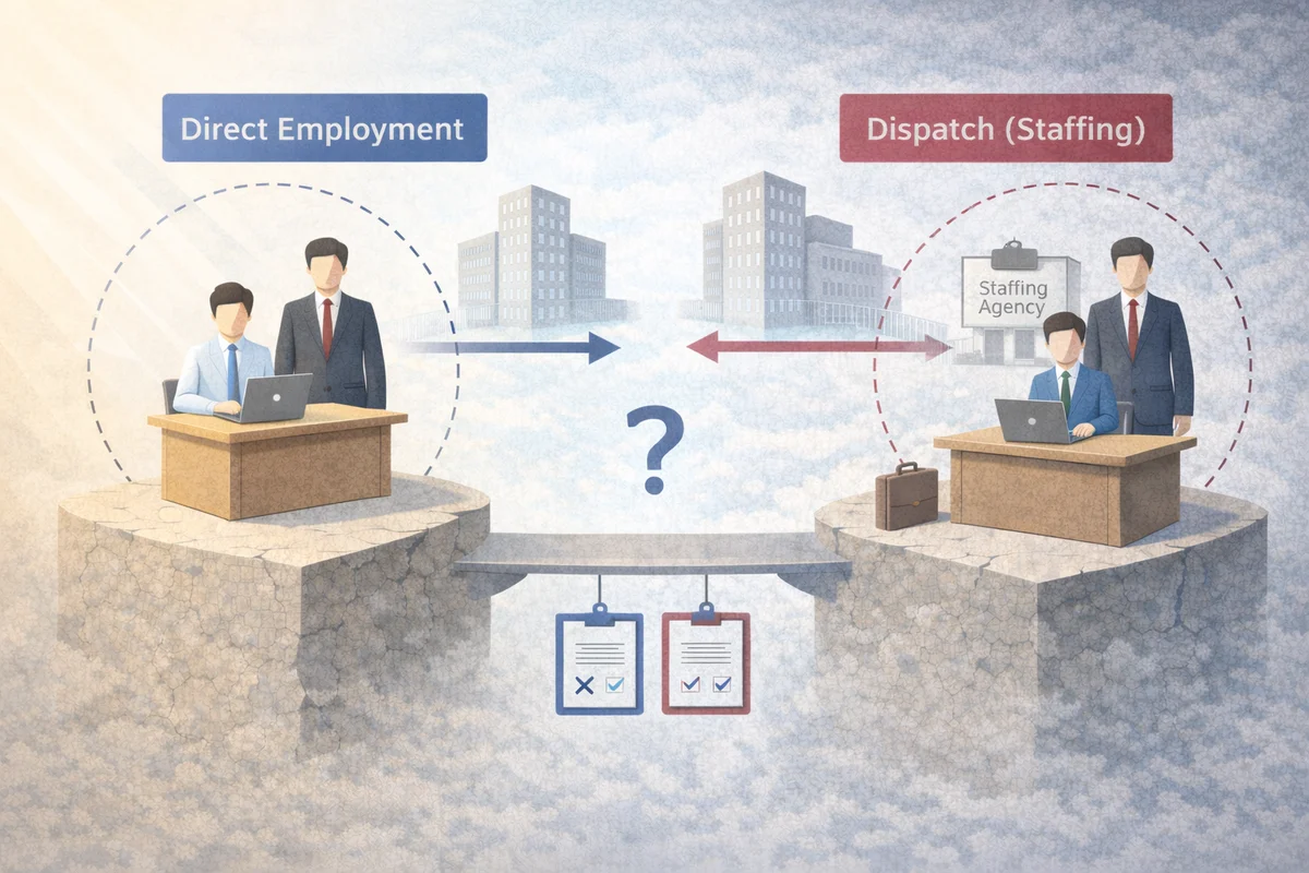 雇用主が変わる違いを、勤務先と派遣会社へ伸びる接続関係で示す構図