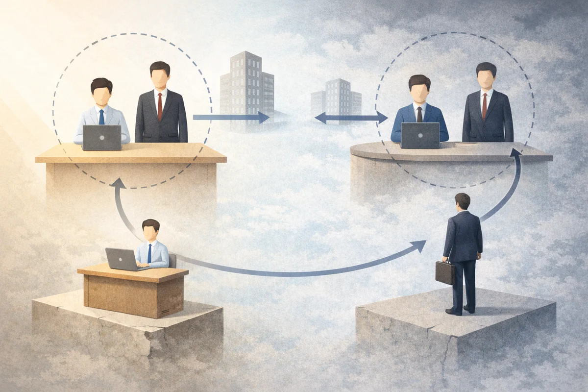 直接雇用と間接雇用の関係性を、離れた足場と接続の流れで示す構図