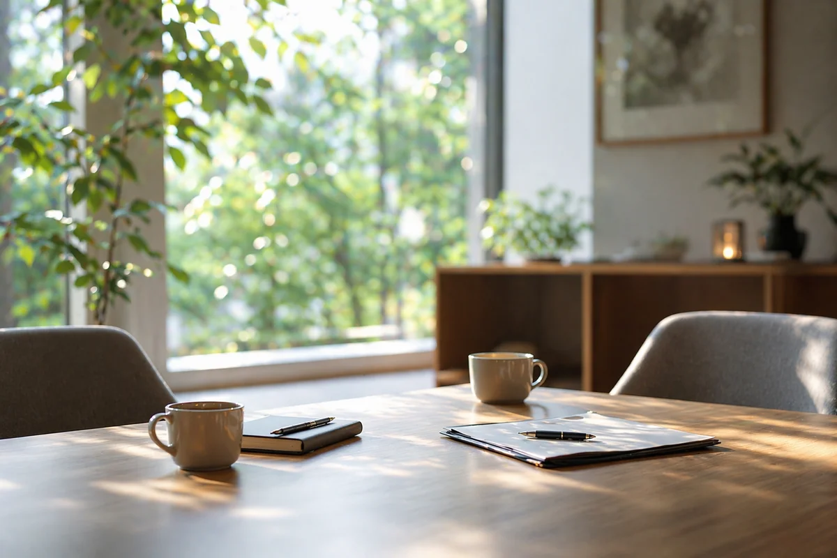 窓際の面談テーブルに書類とペンが置かれ、緑の景色へ視線が抜ける奥行きのある静かな室内空間
