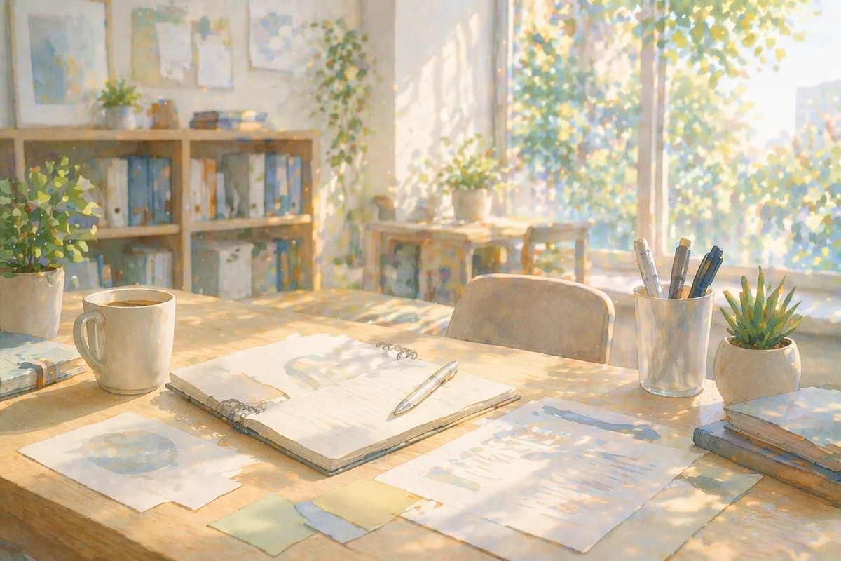 机上の開いたノートを主役に、手前の書類から奥の窓辺へ視線が流れる明るい仕事部屋のイラスト