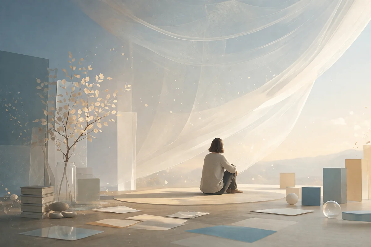 広い室内の奥光に向かって座る小さな人物と散在する紙片、退職判断前の静かな整理を示す空間