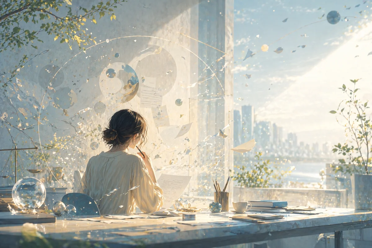 やわらかな光の室内で、ひとつの書類が手前に置かれ、奥へ続く通路が静かに伸びるイラスト