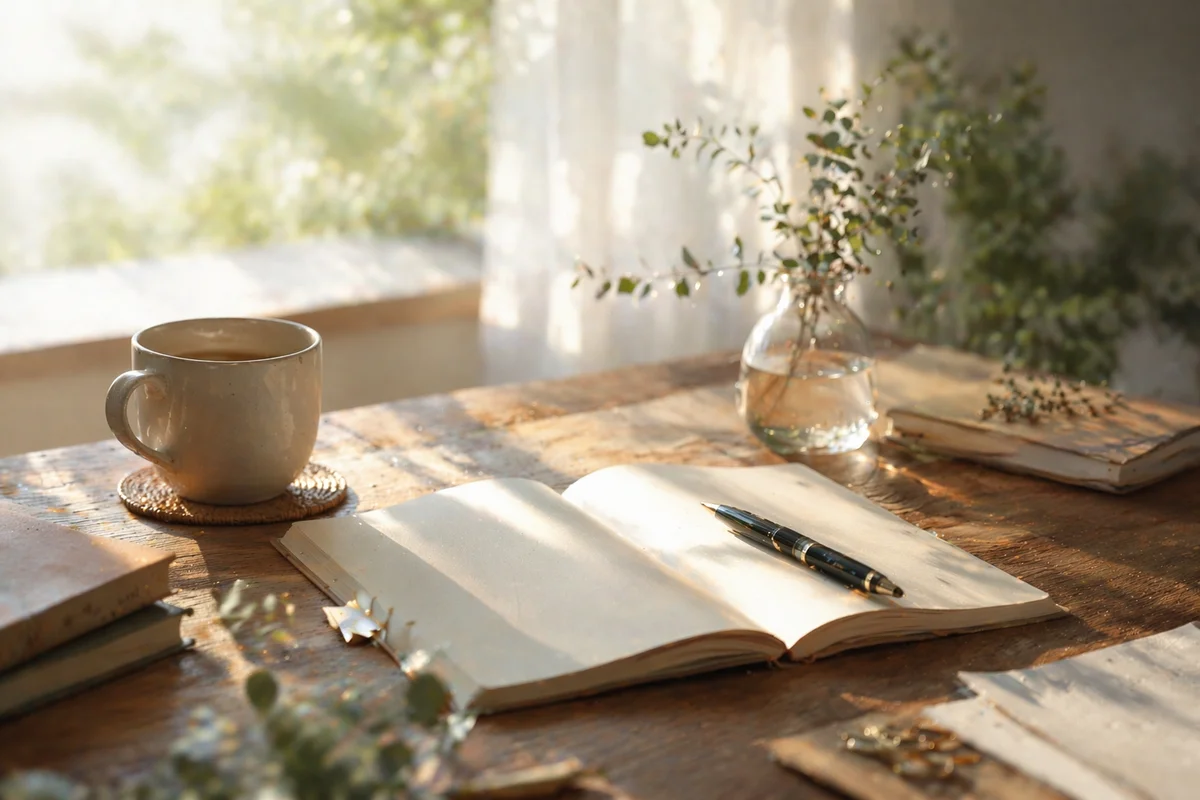 窓辺の木机に開かれたノートとペンが置かれ、柔らかな光が奥へ広がる静かな作業空間の風景